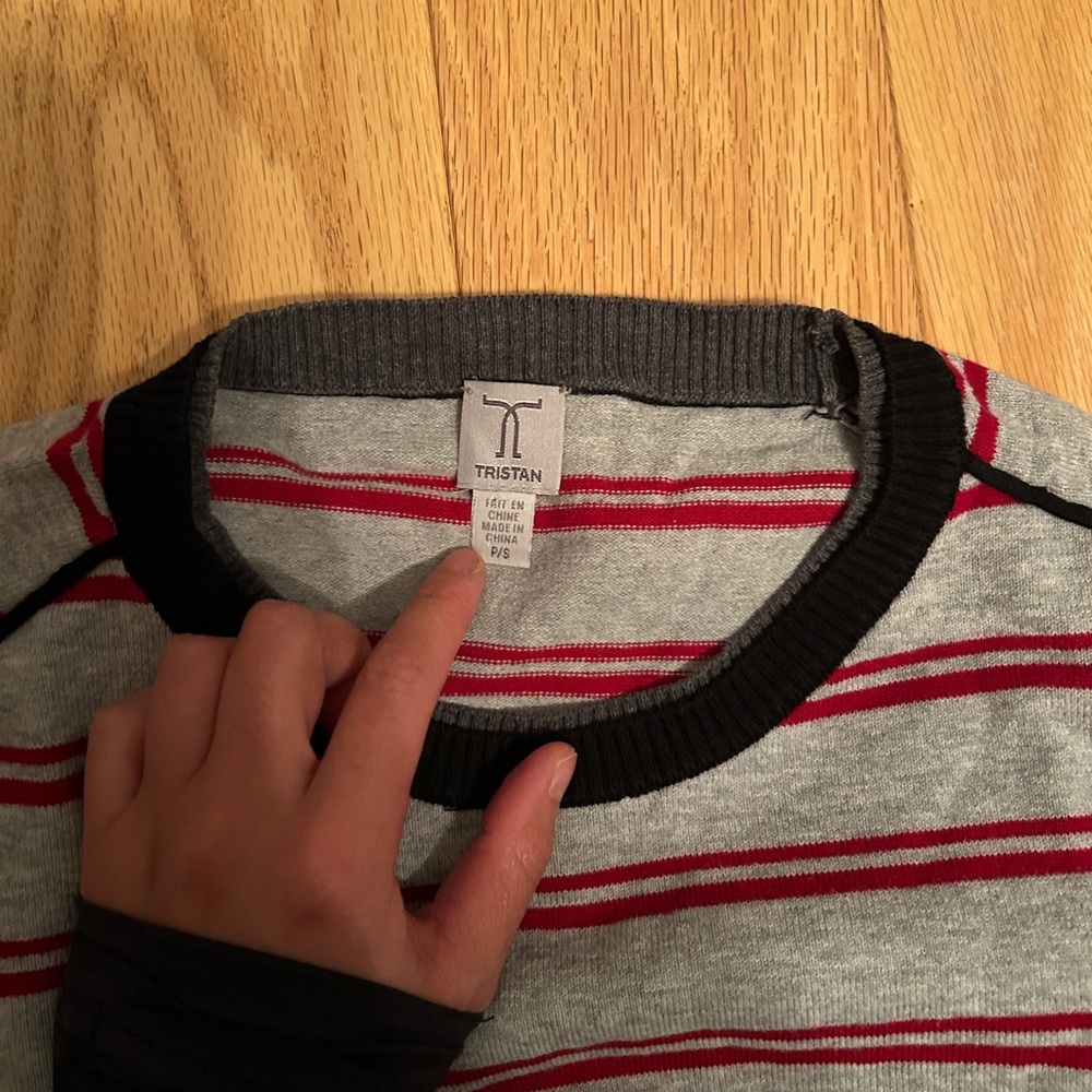 Tristan Gray Sweater with Red Stripes and Black Trim